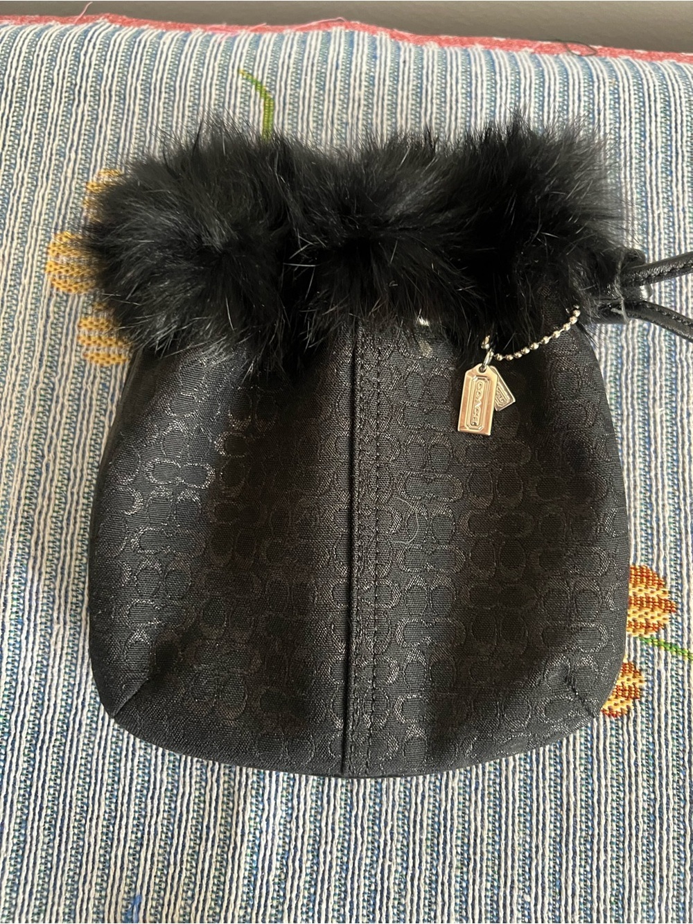 Coach Rare Y2K Black Signature Drawstring Pouch with Fur Trim 2003